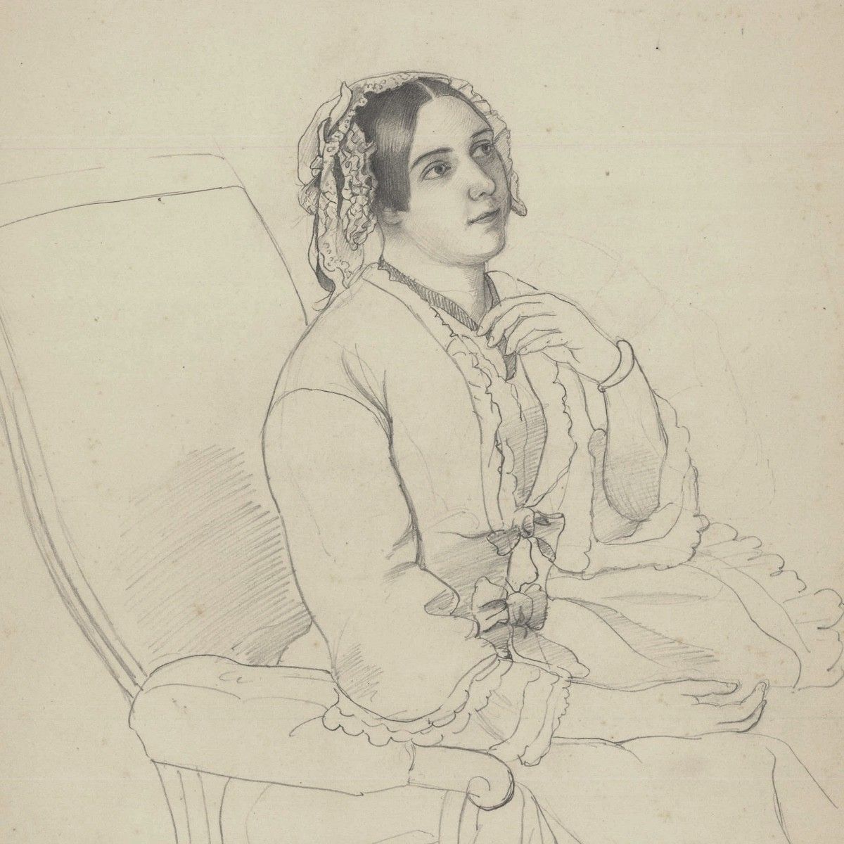 Charlotte Berlichingen 1851 Graphite Drawing, Lady With Lace Bonnet photo for sale