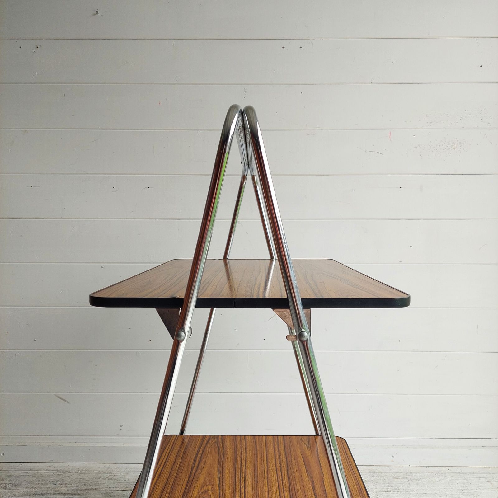 Mid Century Folding Teak Effect Formica Drinks Trolley Retro Chrome Bar Cart Germany 70s photo for sale