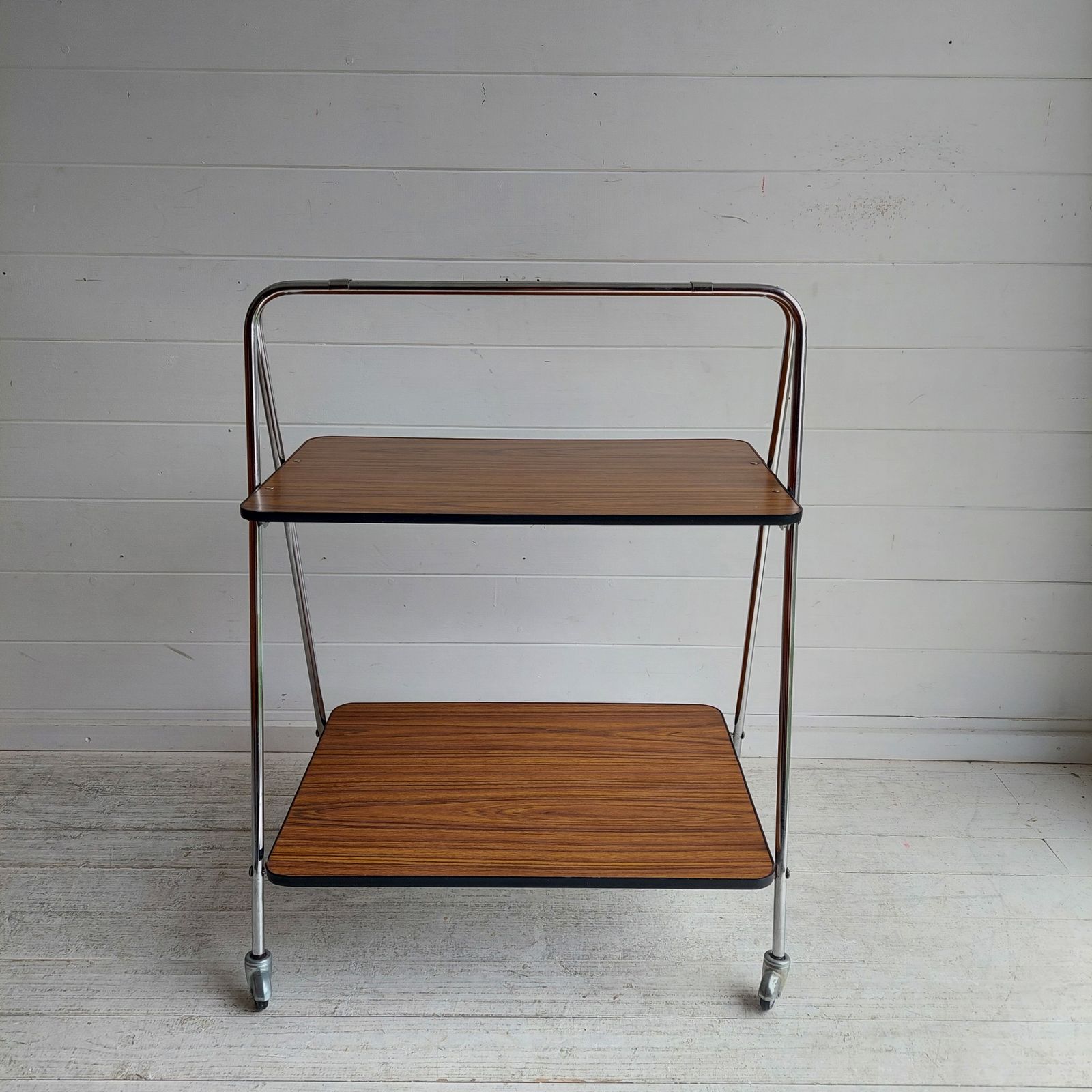 165.0 Mid Century Folding Teak Effect Formica Drinks Trolley Retro Chrome Bar Cart Germany 70s photo