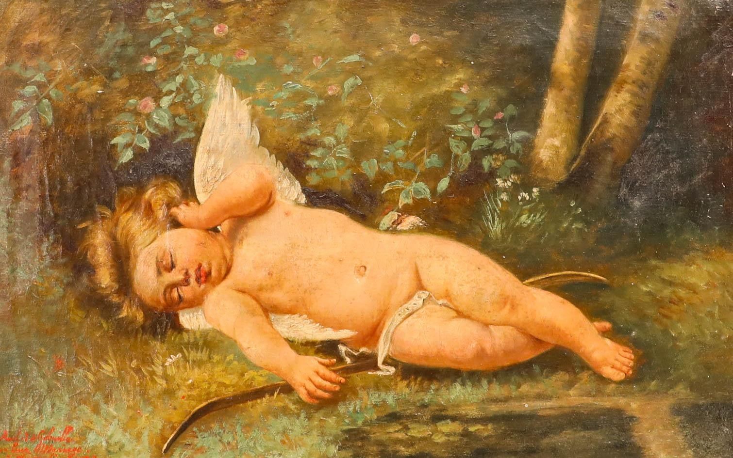 J. Jacquelin After Leon Perrault (1832 1908) 1923 Oil, Sleeping Cupid photo furniture