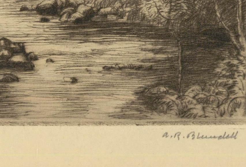 Alfred Blundell (1883–1968) Etching, Waterfall And Mountain Scene photo Art