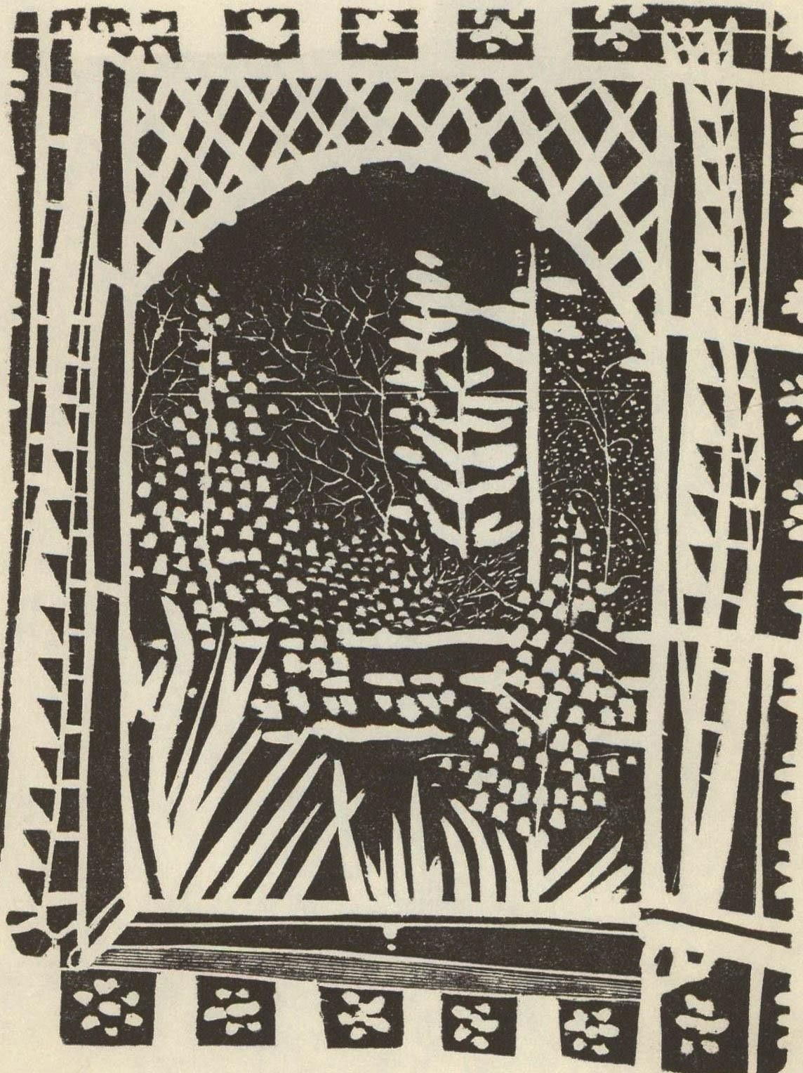 Albert Masri (1927 2020) Mid 20th Century Woodcut, The Garden photo furniture