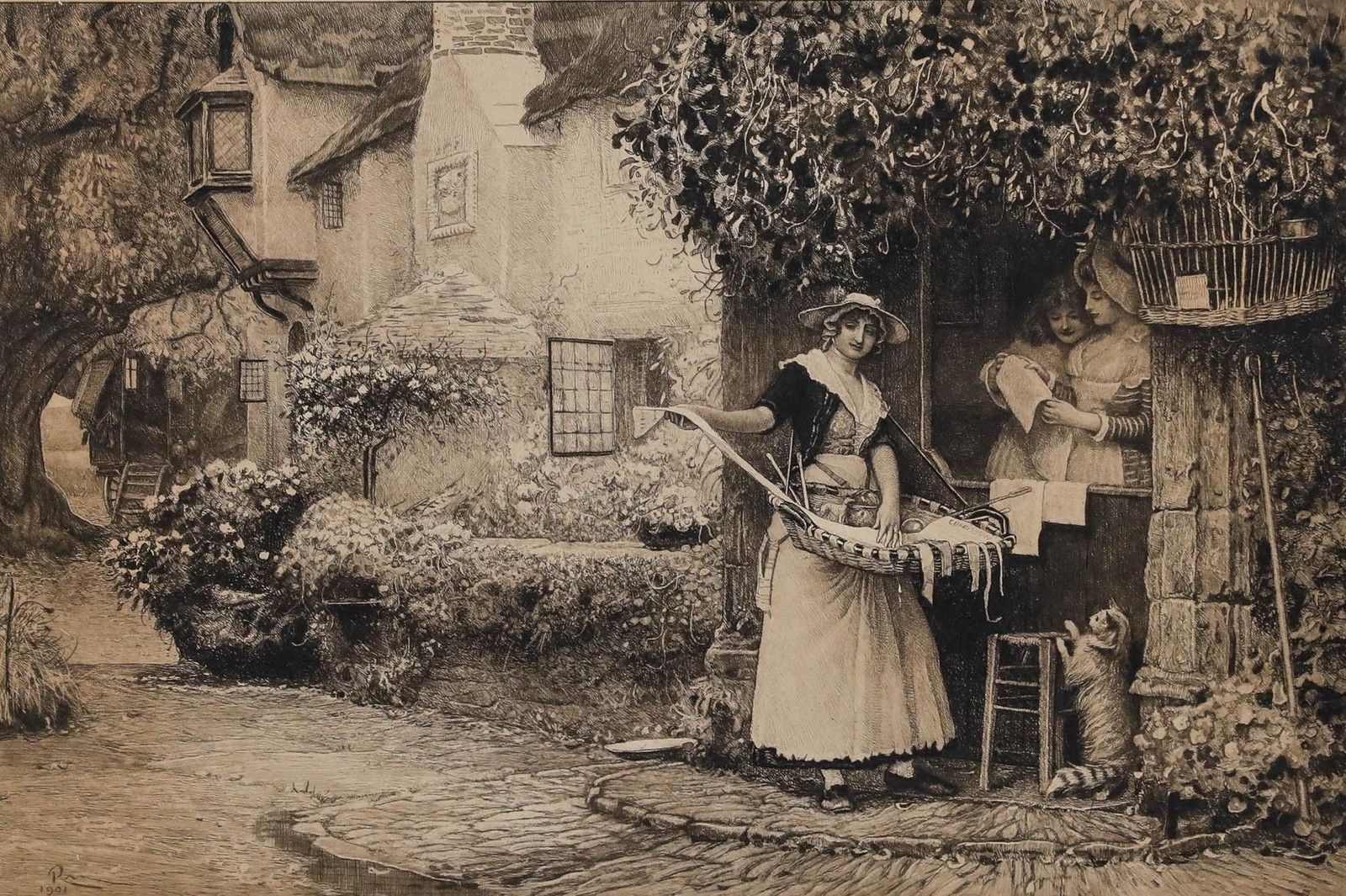 Robert Walker Macbeth Ra (1848 1910) 1901 Etching, A Woman Selling Her Wares photo furniture
