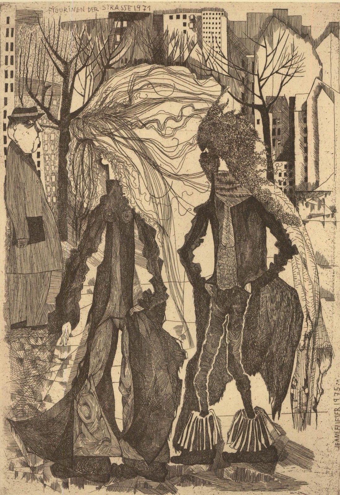 Jeane Flieser (1912 2007) 1975 Etching, Figures In The Street, 1971 photo furniture