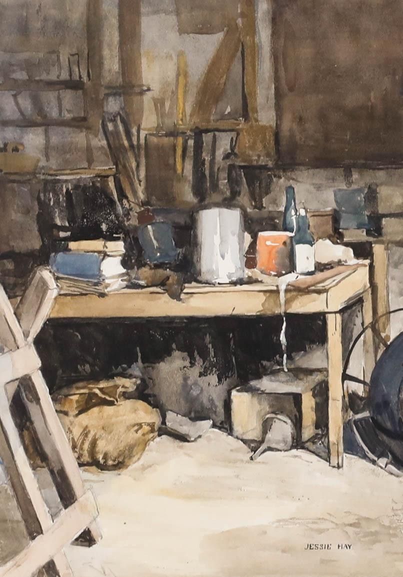 Jessie Hay Framed Mid 20th Century Watercolour, Shed Interior I photo furniture