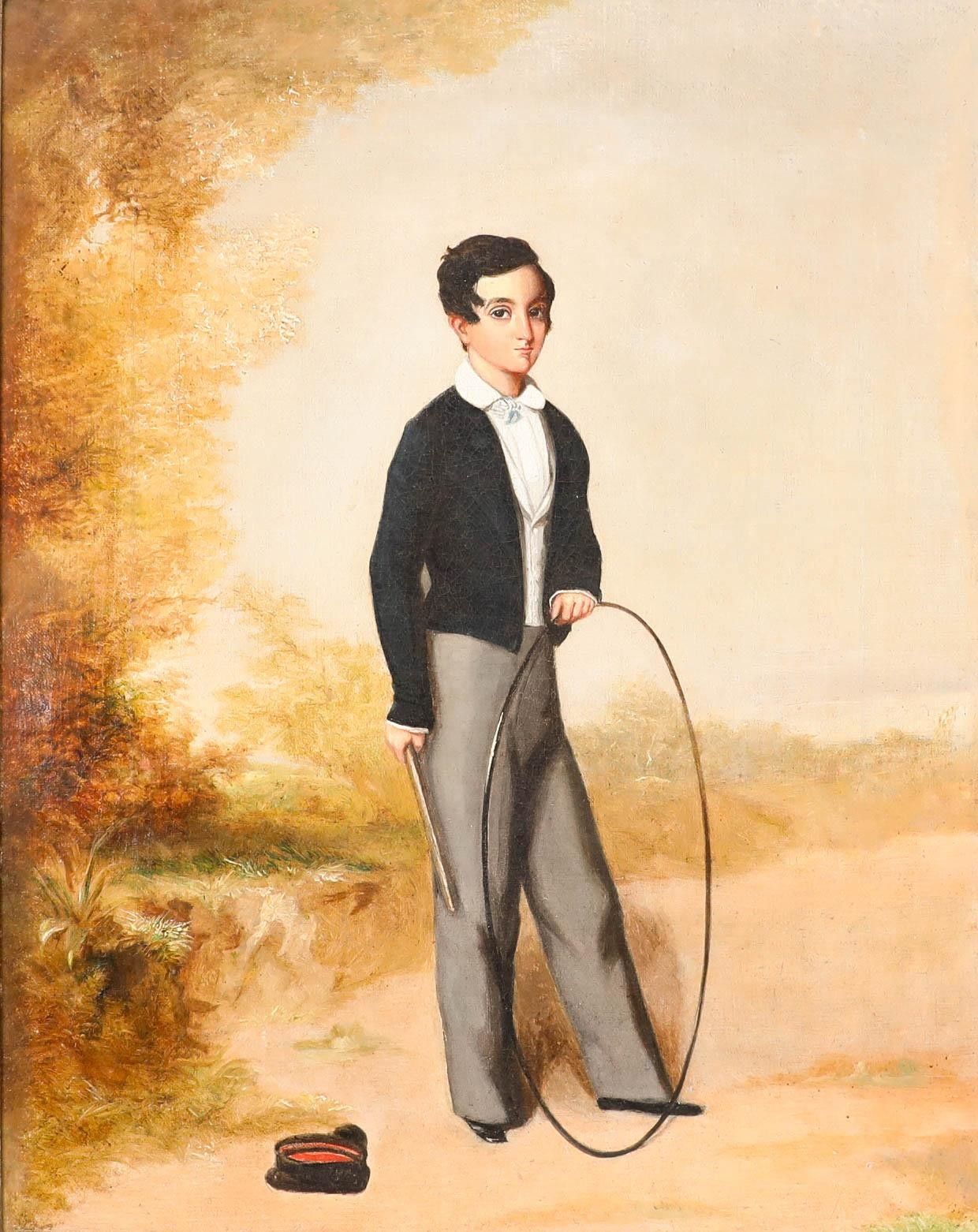 British Provincial School Early 19th Century Oil Portrait Of A Boy With A Hoop photo furniture