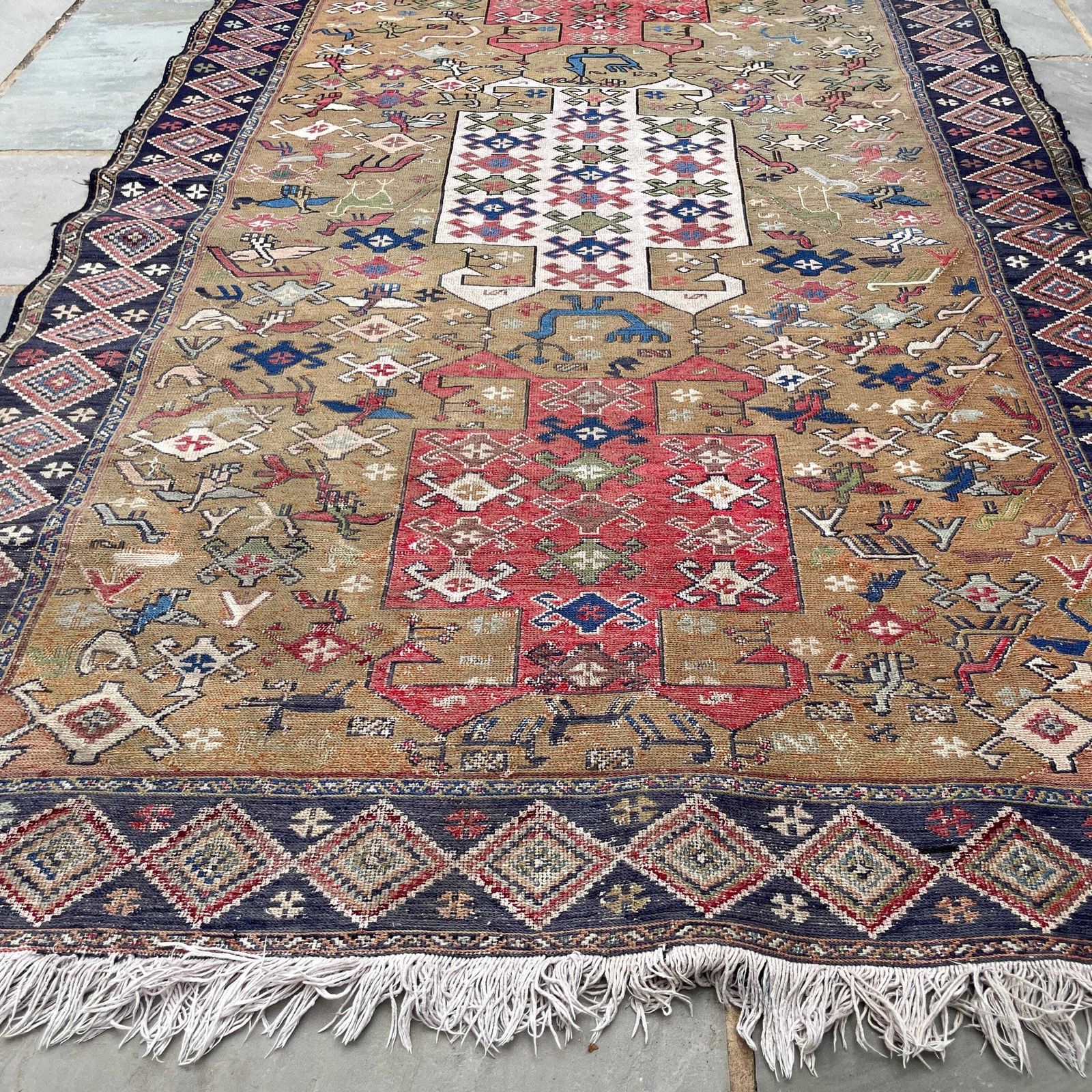 Vintage Wool Rug Handwoven Thin Weave Geometric Design Rectangle Middle Eastern Carpet Handmade Boho Area Rug Tassels Brown Red photo vinterior