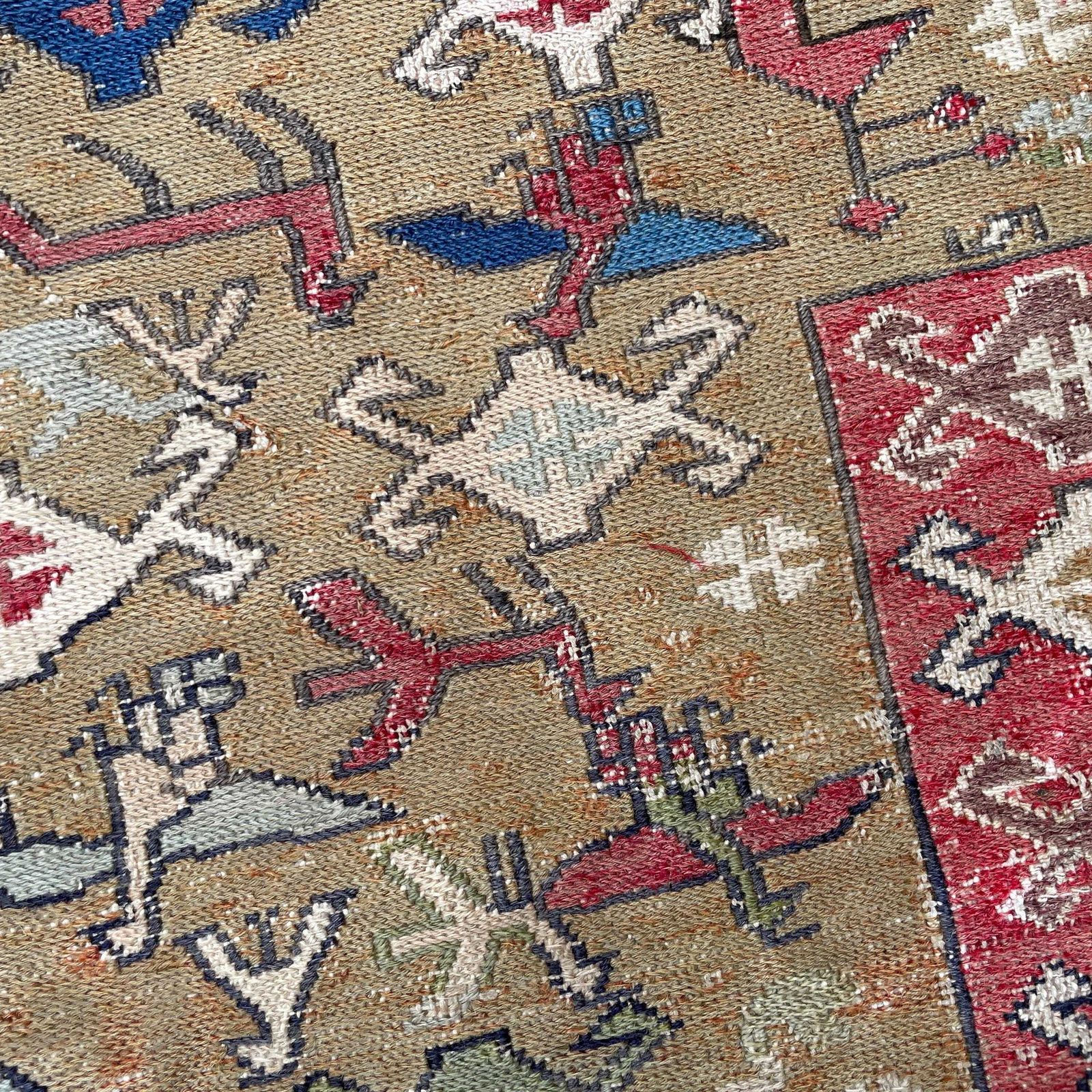 photo for sale Vintage Wool Rug Handwoven Thin Weave Geometric Design Rectangle Middle Eastern Carpet Handmade Boho Area Rug Tassels Brown Red
