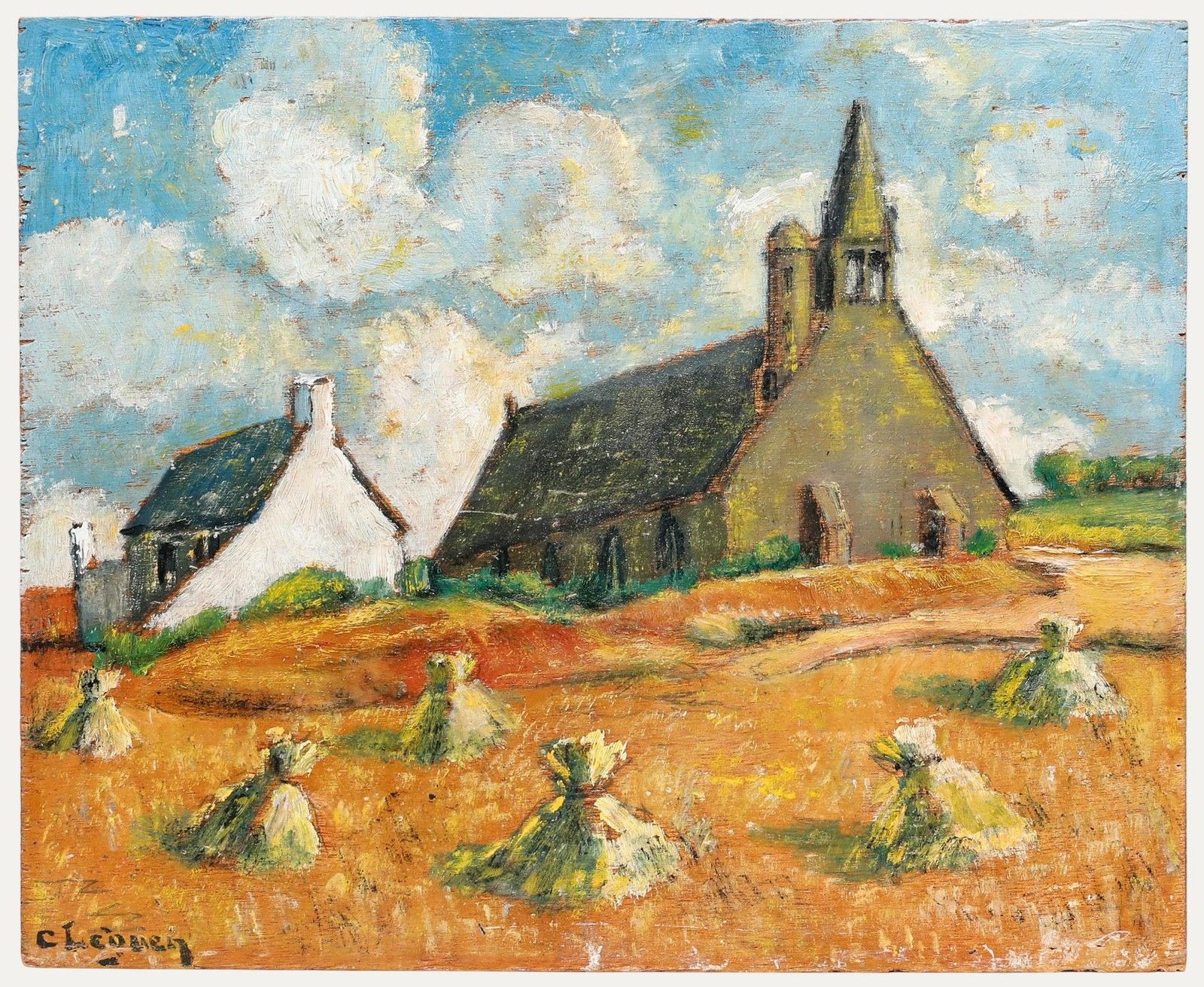 C. Leguen Breton School Mid 20th Century Oil, Harvest Near The Chapel