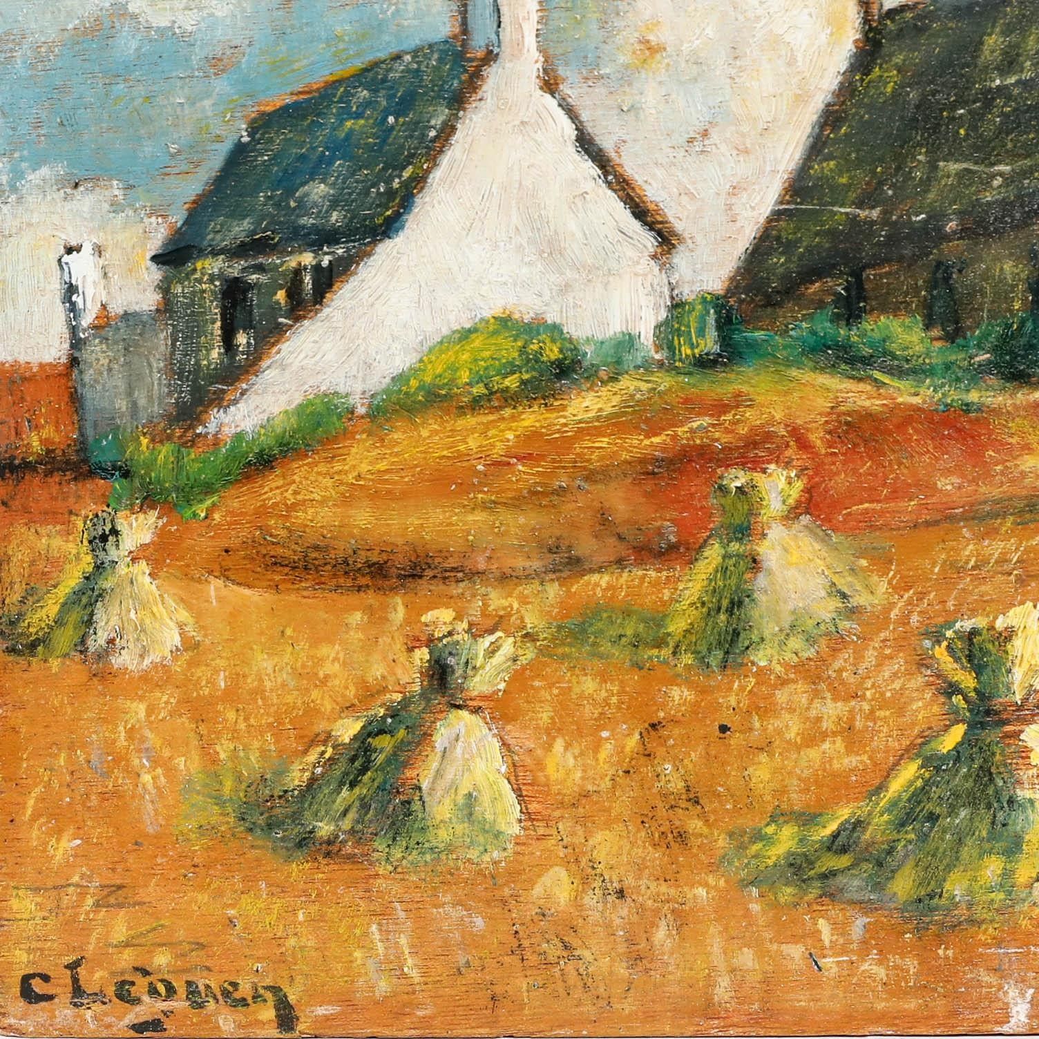 C. Leguen Breton School Mid 20th Century Oil, Harvest Near The Chapel photo 325.0