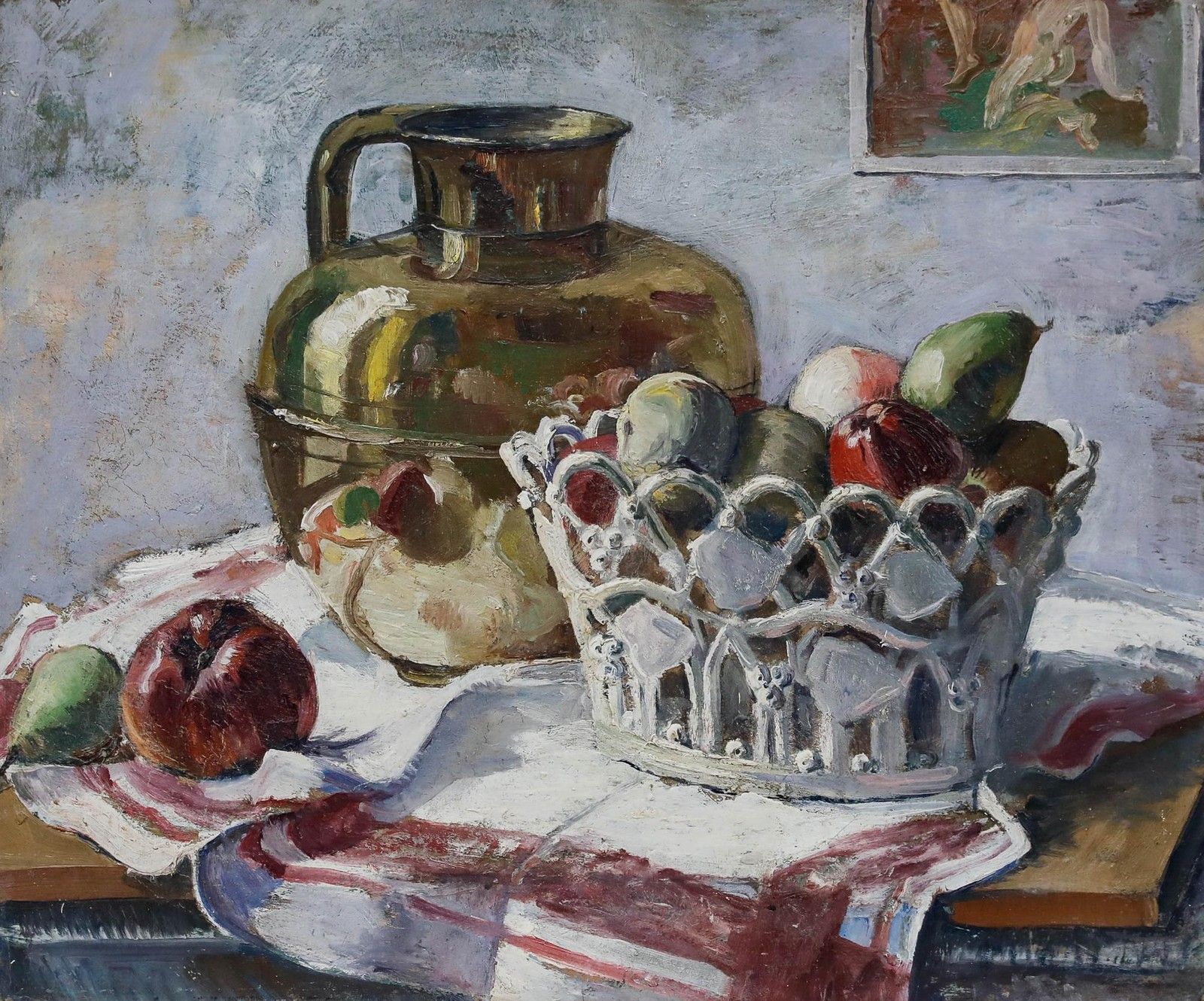 20th Century Oil Still Life Of A Jug And Fruit photo furniture