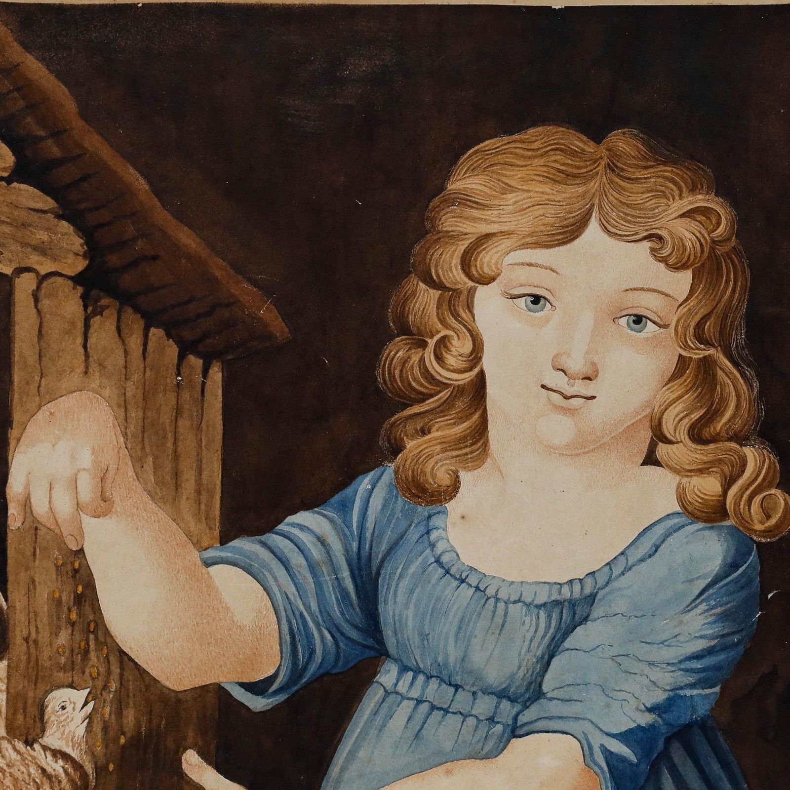 Early 19th Century Watercolour Girl Feeding Chicks photo Art
