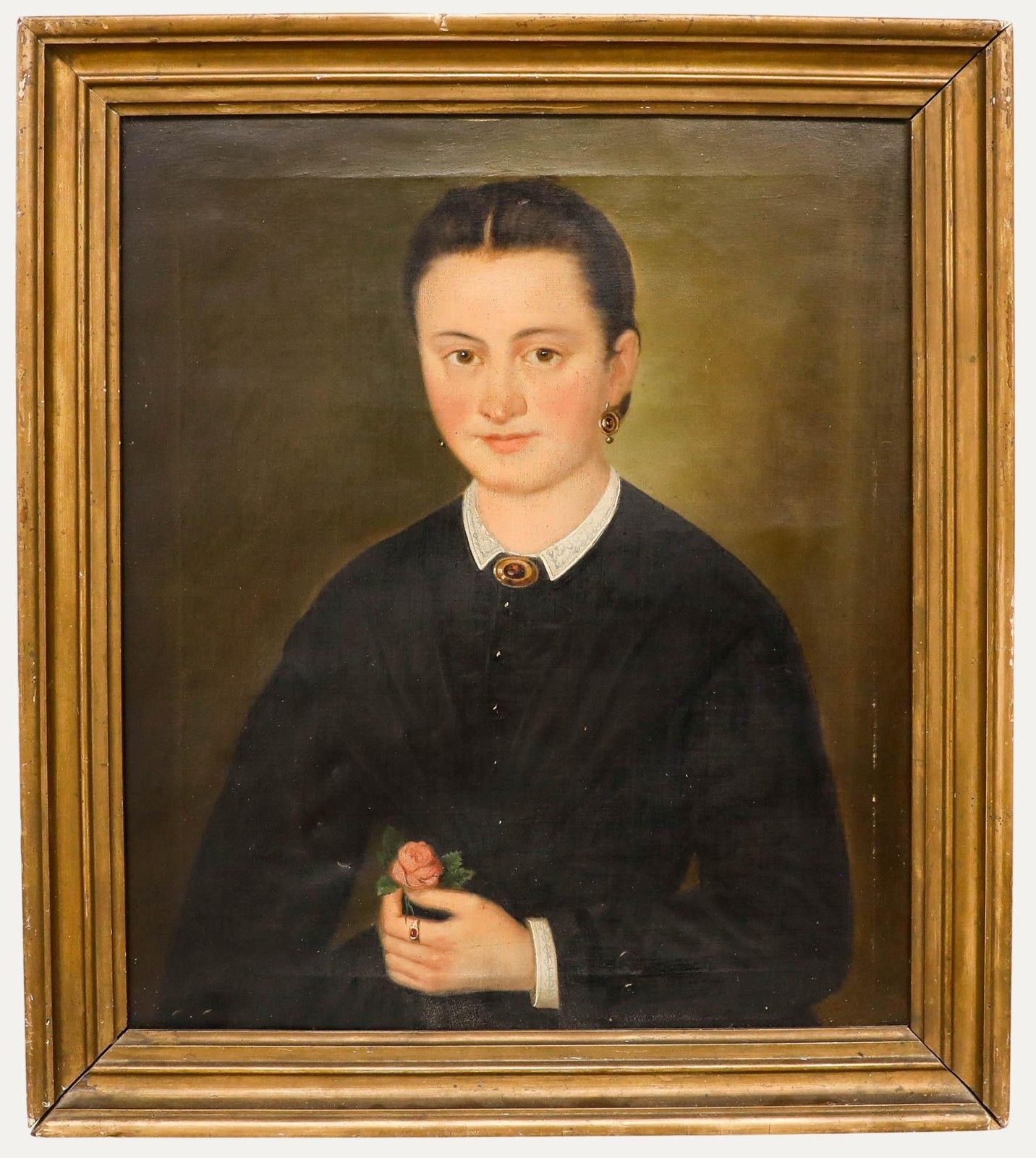 Fine 19th Century Oil Portrait Of A Lady With A Rose