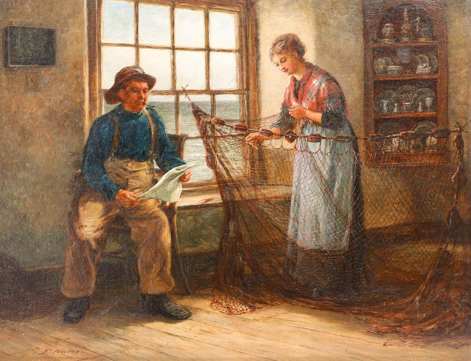 Edith Hume (1843 1906) 19th Century Oil, Mending Nets photo furniture