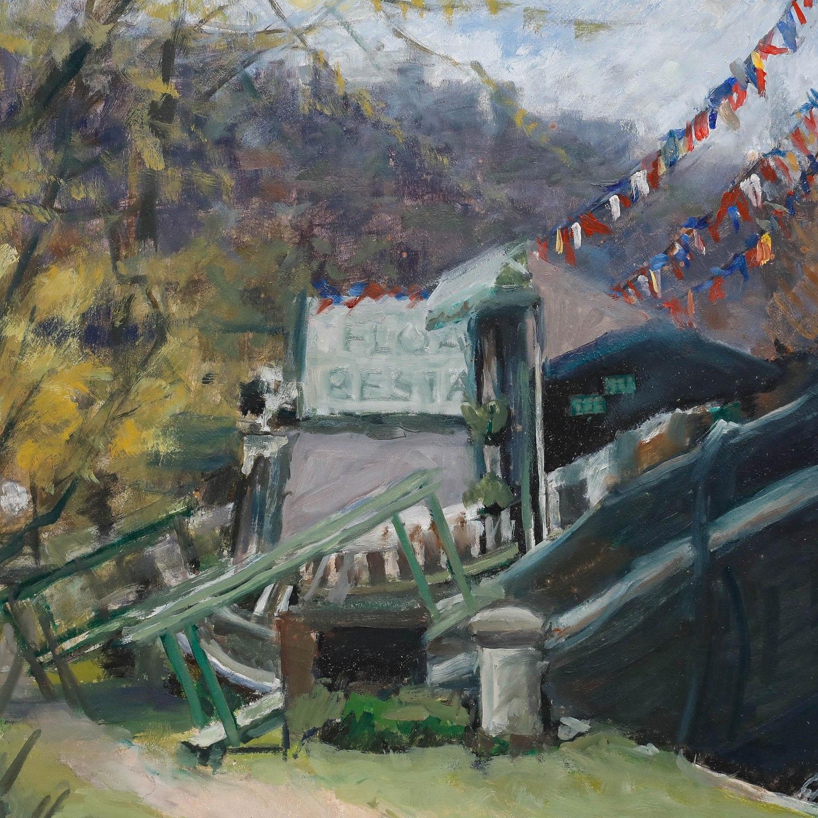 Pauline Plummer (B.1933) Mid 20th Century Oil, Restaurant Afloat photo Art