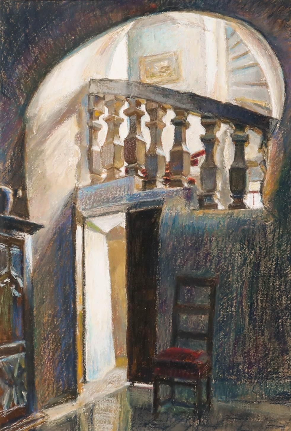 Pauline Plummer (B.1933) Framed Contemporary Pastel, Château Staircase photo furniture