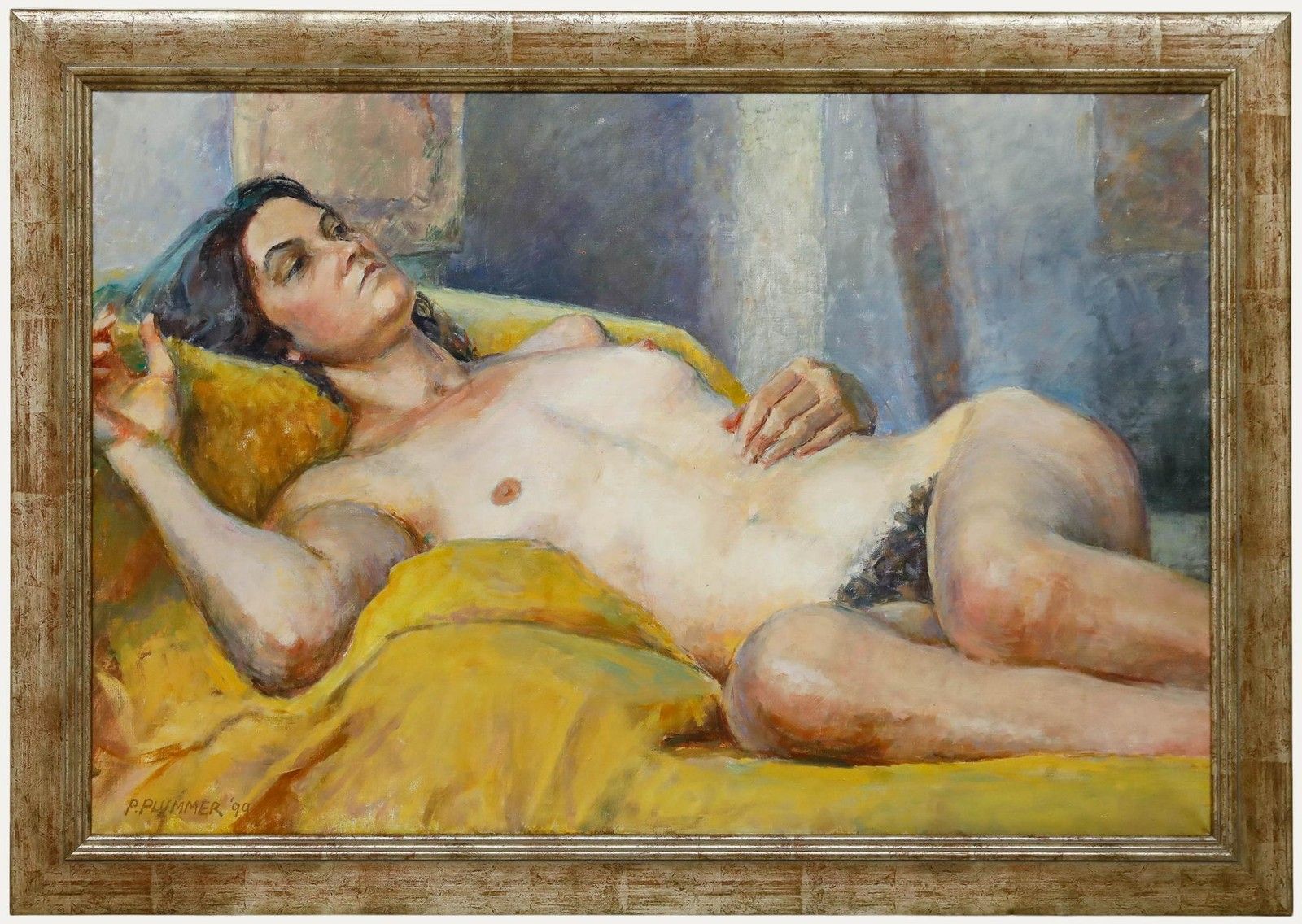 Pauline Plummer (B.1933) Framed Contemporary Oil, Lady On The Yellow Throw