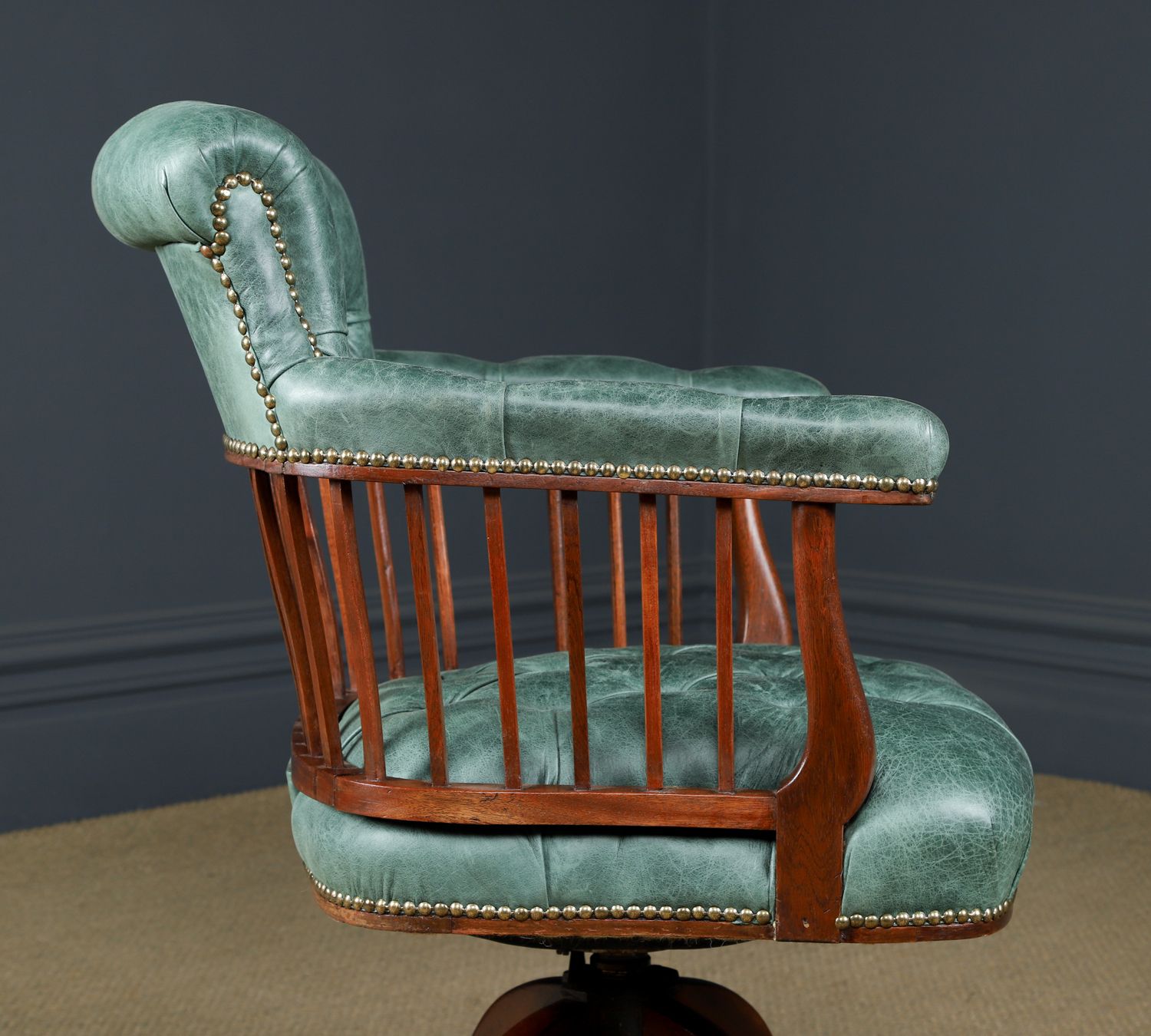 photo for sale English Victorian Mahogany & Distressed Green Leather Revolving Office Desk Chair (Circa 1880)