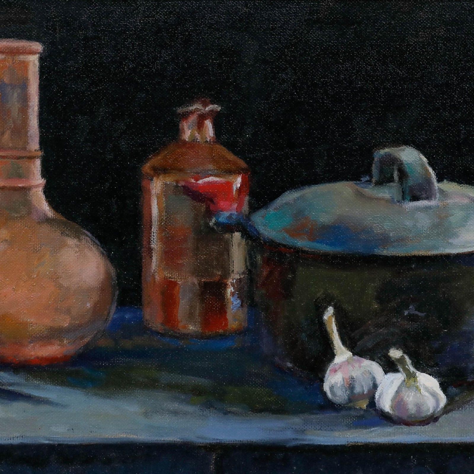 Pauline Plummer (B.1933) Framed Contemporary Oil, Crocks With Garlic photo Art
