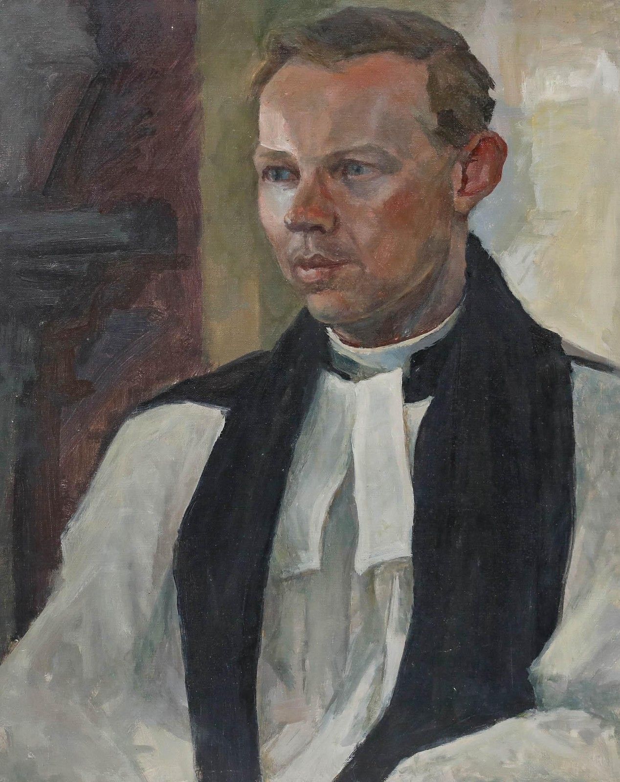 Pauline Plummer (B.1933) 20th Century Oil, Portrait Of A Vicar photo furniture