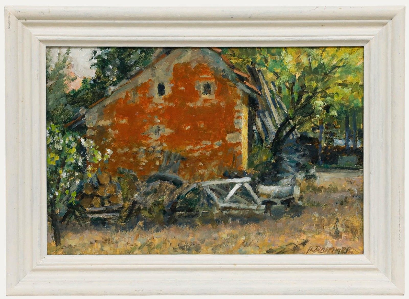Pauline Plummer (B.1933) Contemporary Oil, Morning Light On The Wood Shed
