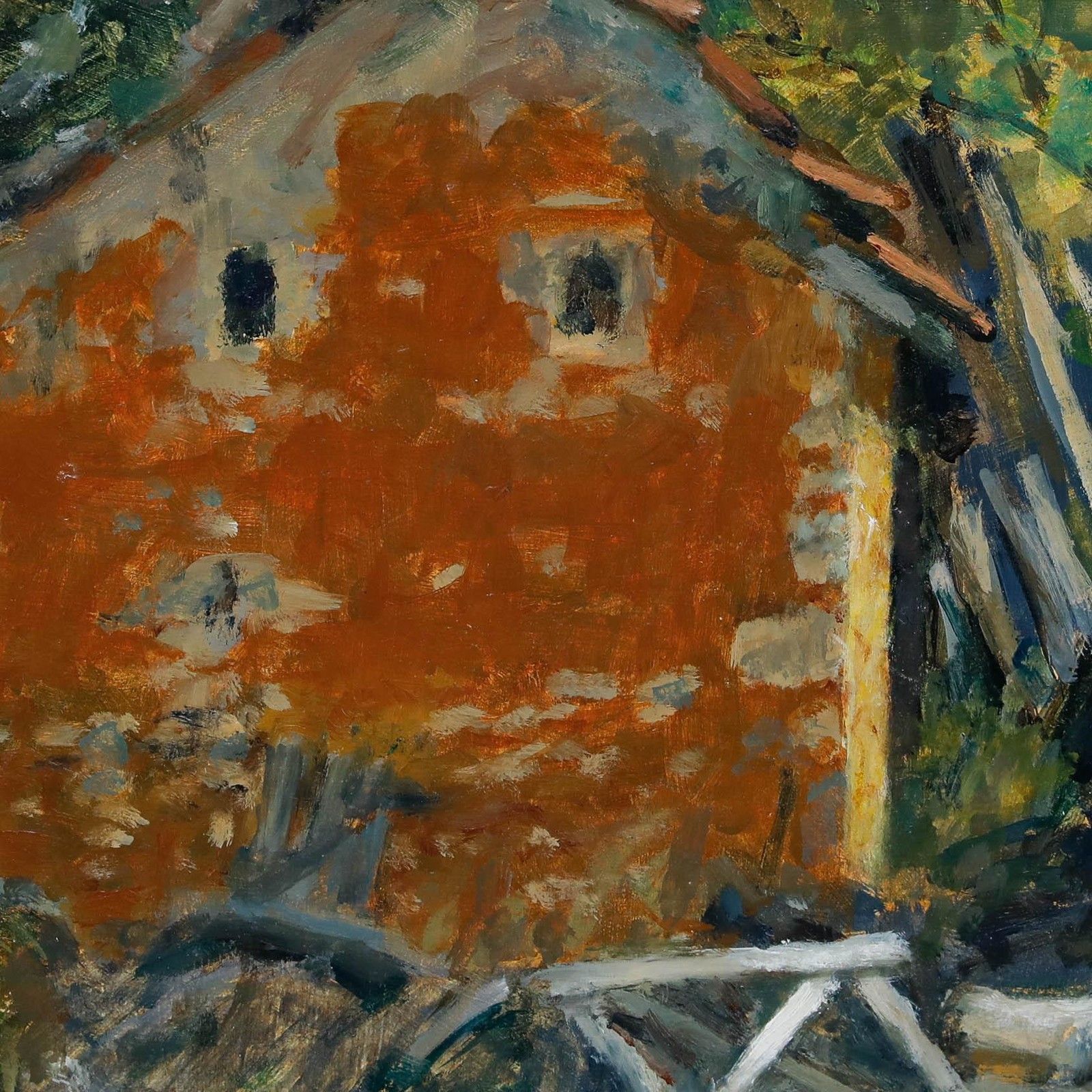 Pauline Plummer (B.1933) Contemporary Oil, Morning Light On The Wood Shed photo Art