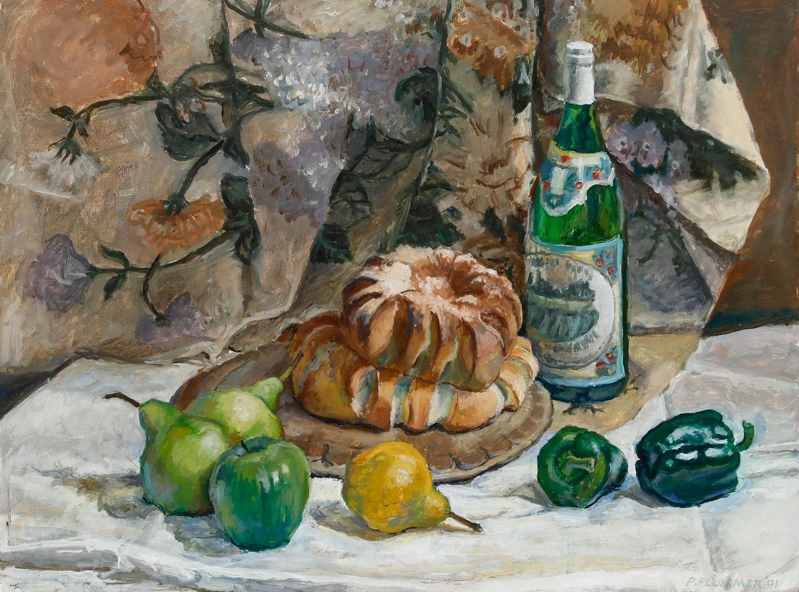 Pauline Plummer (B.1933) 20th Century Oil, Cottage Loaf & Fruits photo furniture