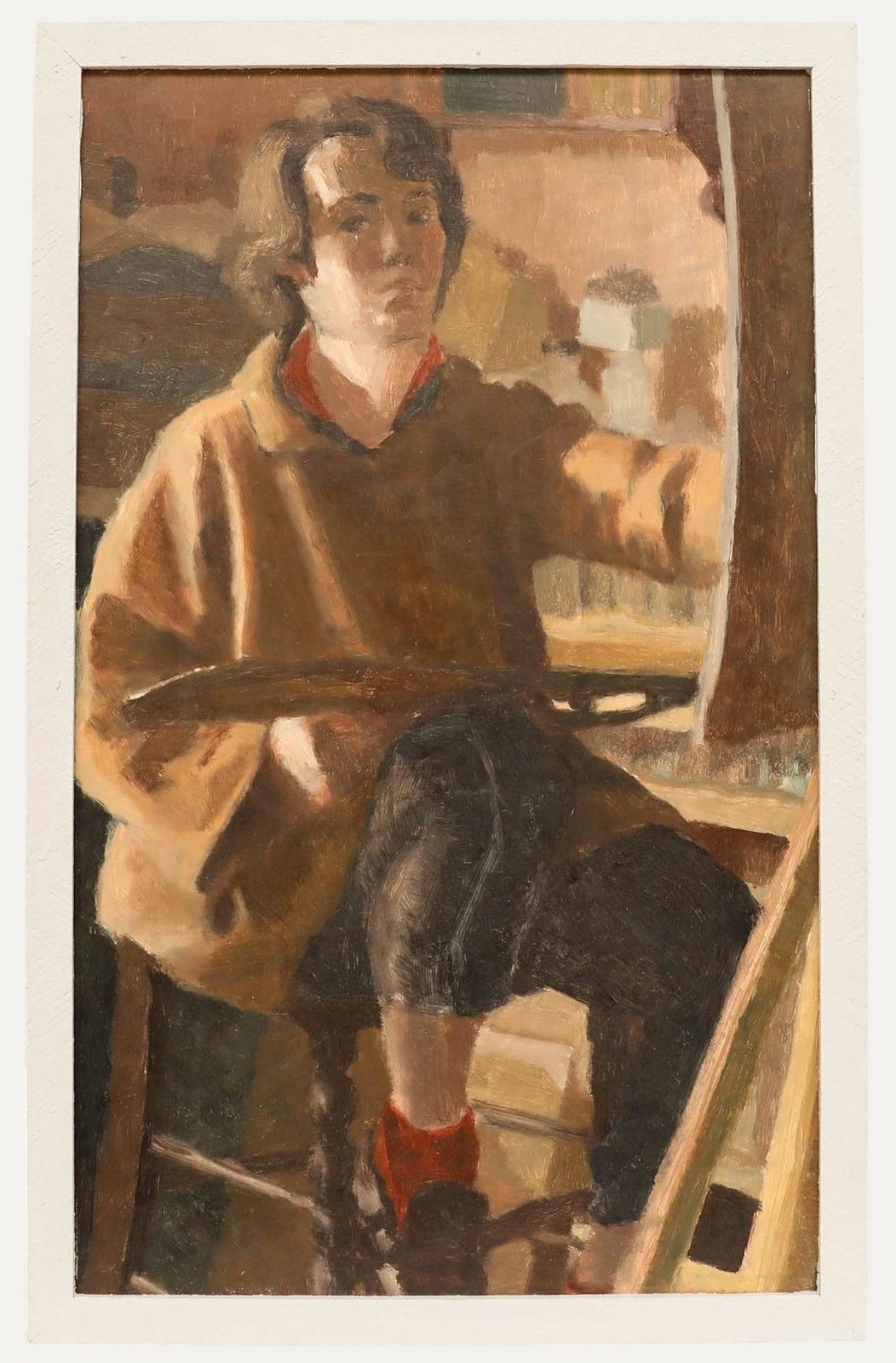 Pauline Plummer (B.1933) Mid 20th Century Oil, Self Portrait On Stool