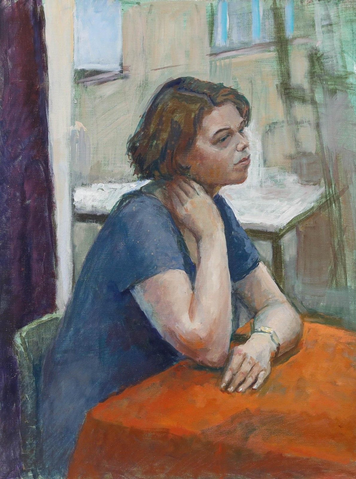 Pauline Plummer (B.1933) 20th Century Oil, Melanie And The Orange Tablecloth photo furniture