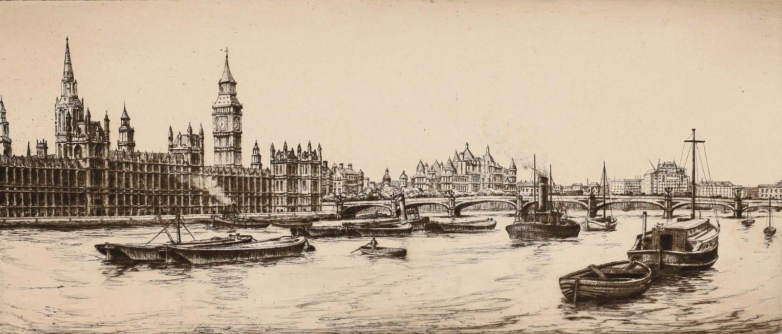 Harold Thornton (1892 1958) Early 20th Century Etching, Westminster Bridge photo furniture