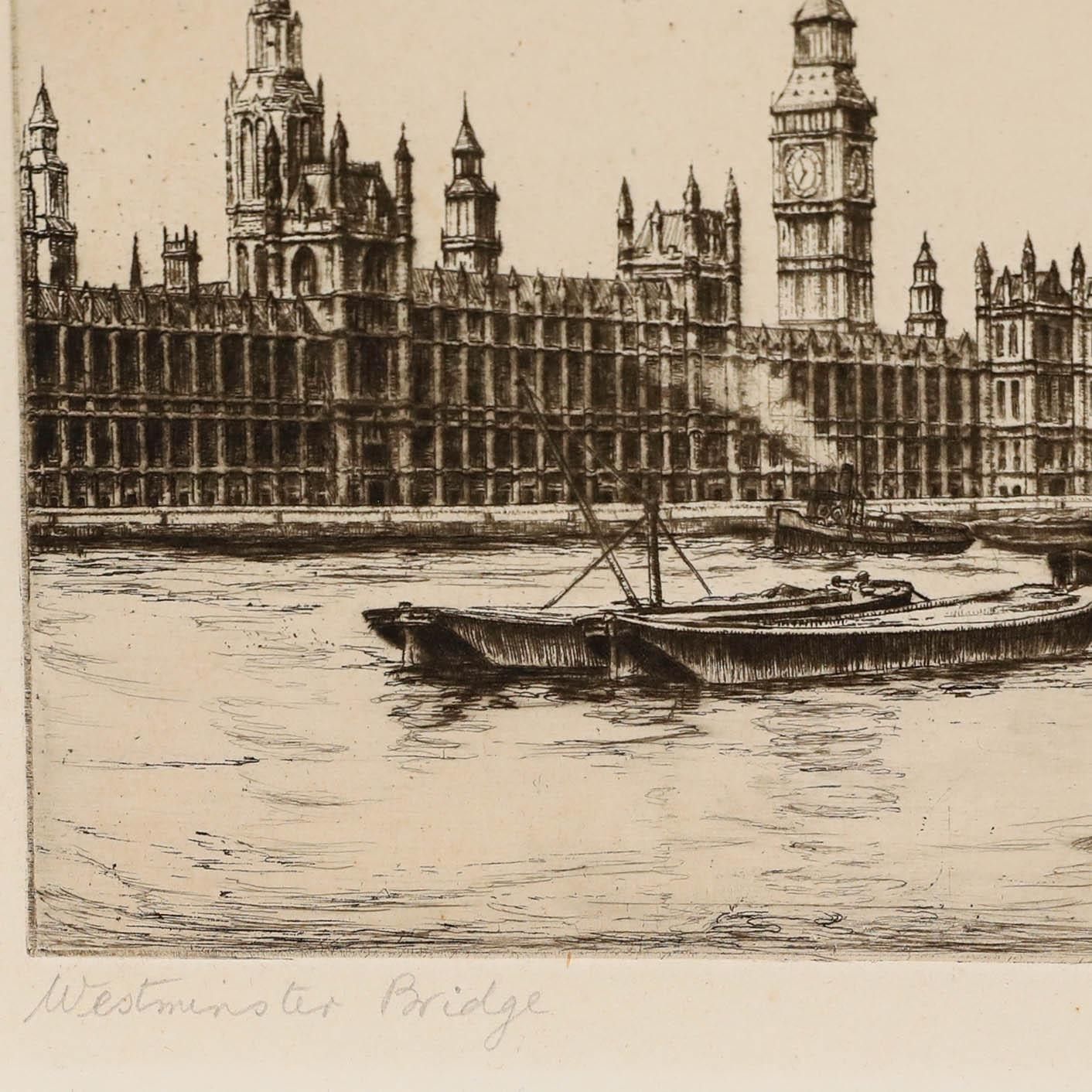 Harold Thornton (1892 1958) Early 20th Century Etching, Westminster Bridge photo for sale