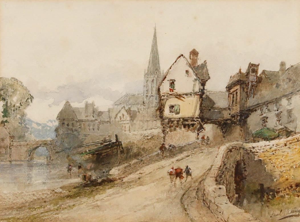 Paul Marny (1829 1914) Framed Watercolour, Riverside Town photo furniture