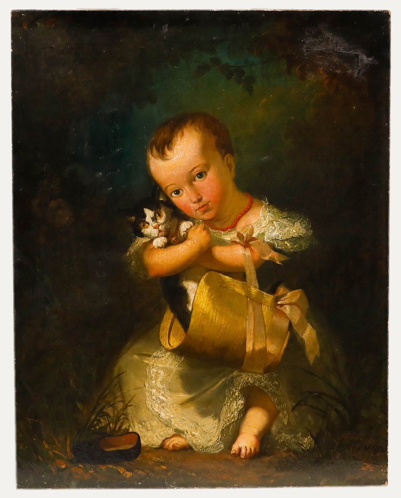 Eugene Gabe French Mid 19th Century Oil, Child With Kitten photo furniture
