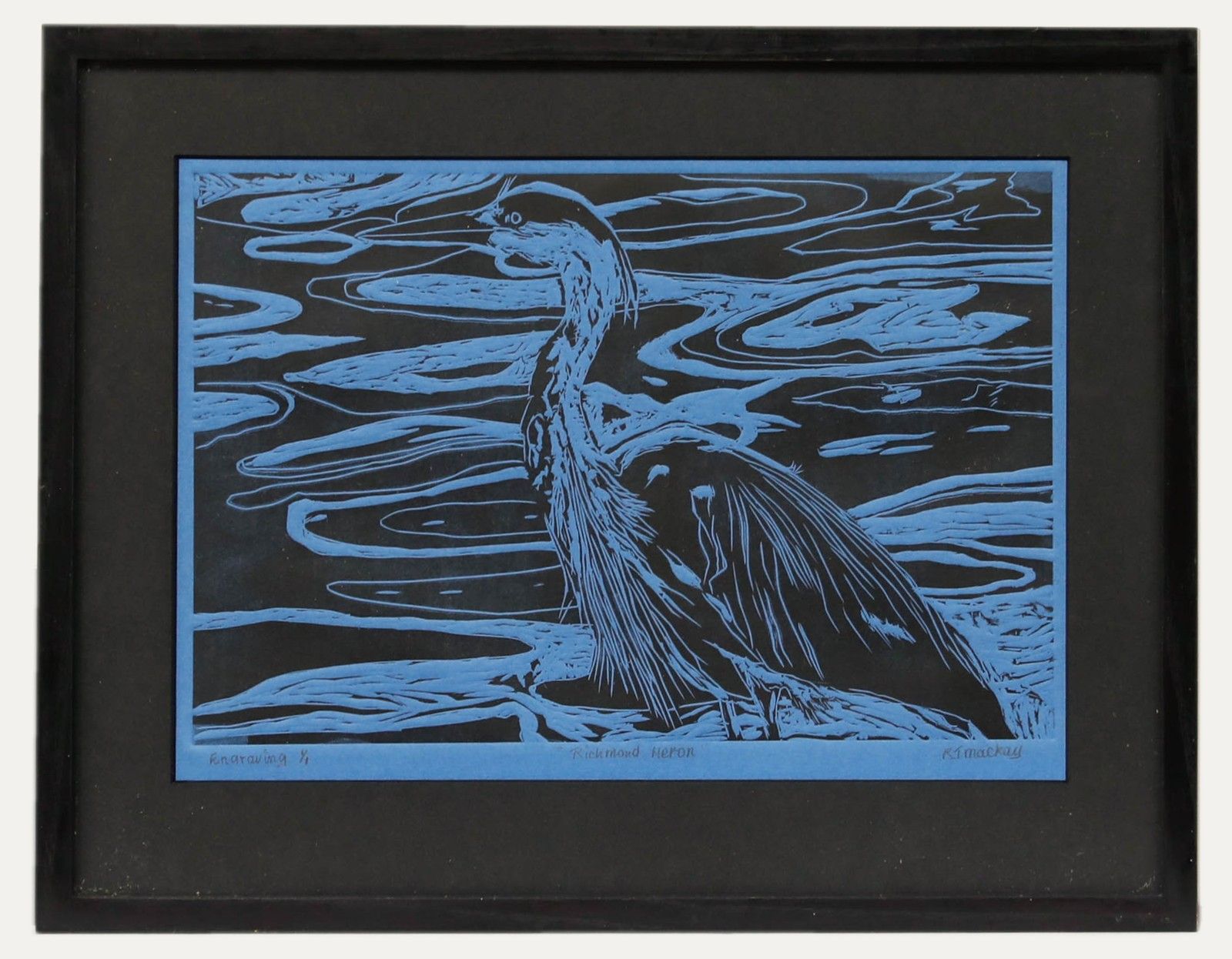 J. R. Mackay Framed Contemporary Wood Engraving, Richmond Heron