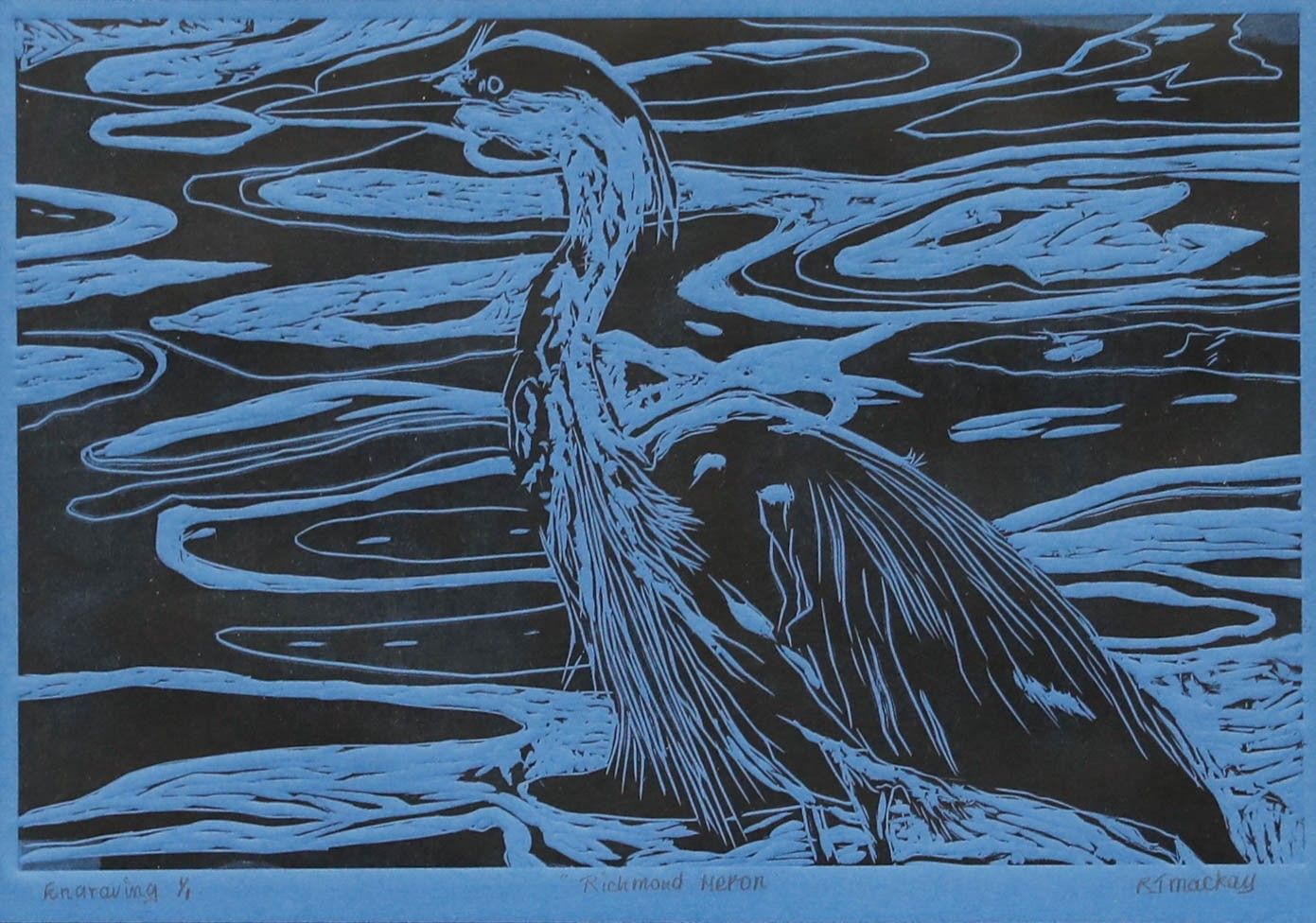 J. R. Mackay Framed Contemporary Wood Engraving, Richmond Heron photo furniture