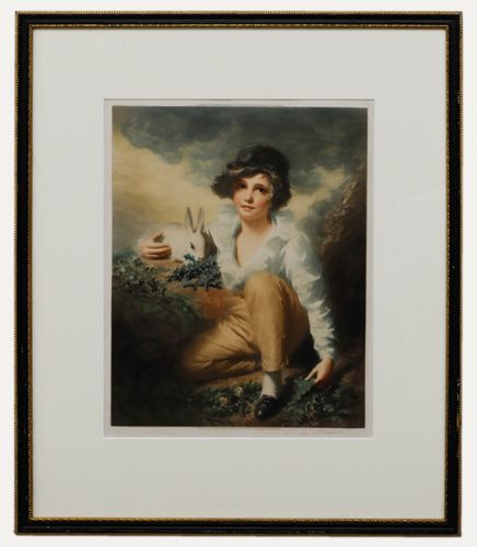 After Sir Henry Raeburn Ra Framed 1937 Mezzotint, Boy & Rabbit