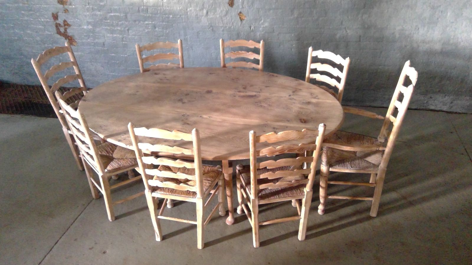 photo for sale Limed Elm Opened Grained Queen Anne Cabriole Leg Dining Table With Eight Chairs