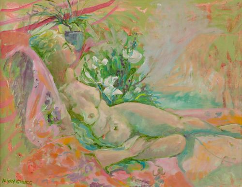 Mary Chugg (1935 2024) Framed Contemporary Oil, Pink Nude photo furniture