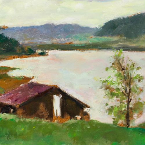 Georges Pacouil (1903 1996) Framed 20th Century Oil, Lakeside Cabin photo Art