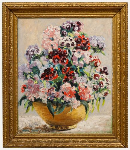 Daphne Cleaver Framed Mid 20th Century Oil, Still Life Of Sweet Williams