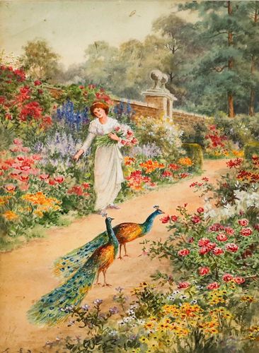 Ellen Edwards  19th Century Watercolour, Peacocks In The Walled Garden photo furniture