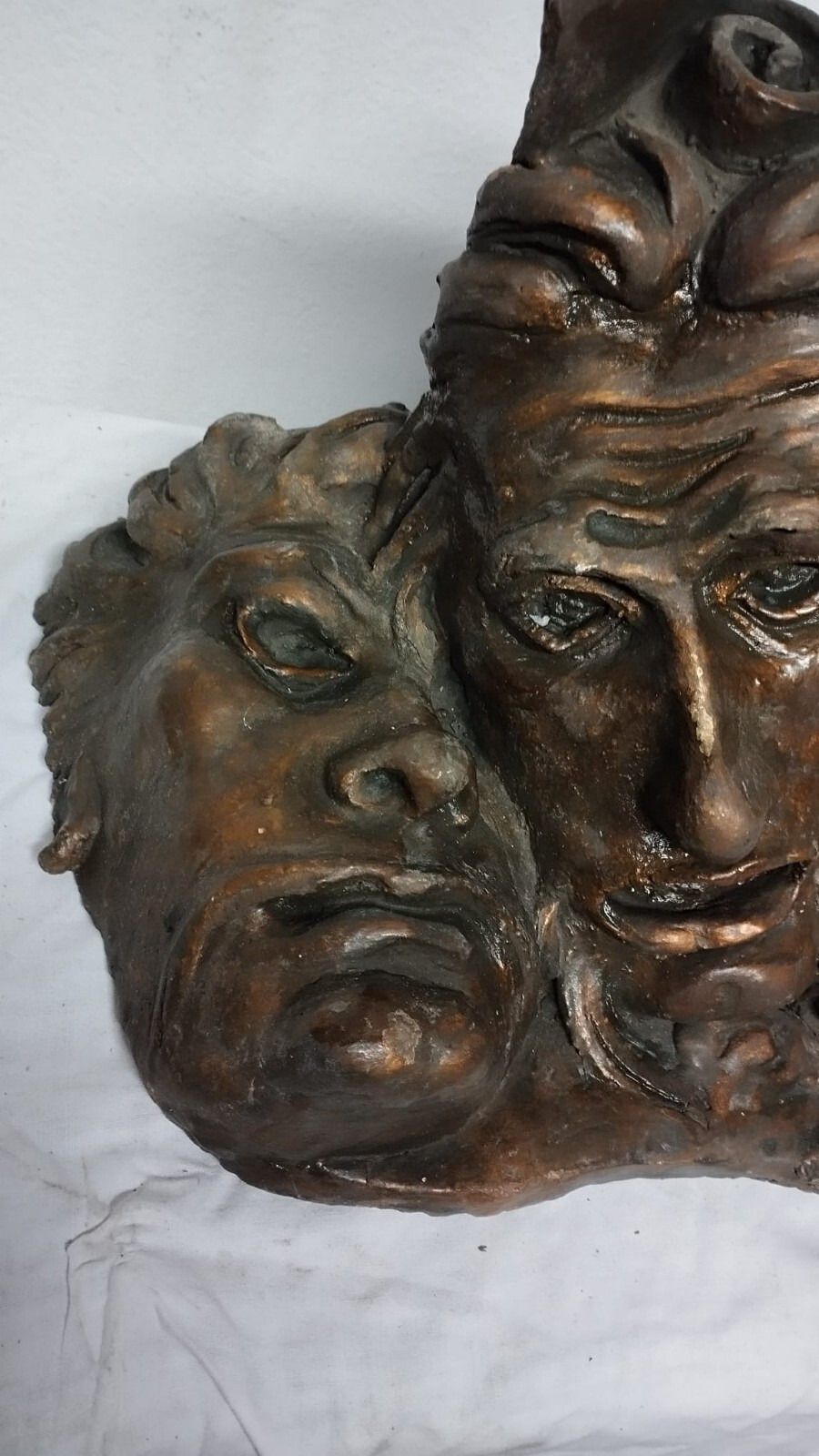 Large Terracotta Sculpture Painted Bronze 50s 2 Faces Flower Pot photo for sale