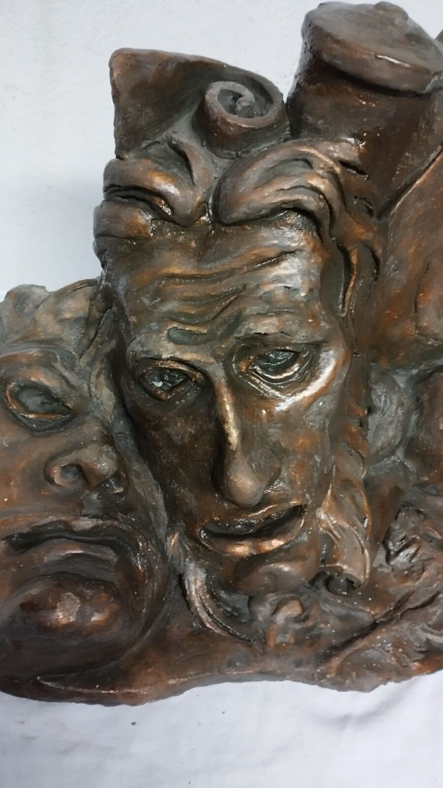 Large Terracotta Sculpture Painted Bronze 50s 2 Faces Flower Pot photo Art