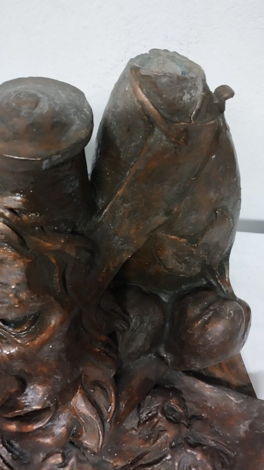 Large Terracotta Sculpture Painted Bronze 50s 2 Faces Flower Pot photo 219.0
