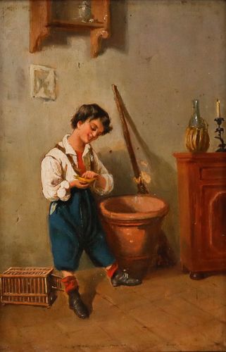 Italian School Late 19th Century Oil Boy And Budgerigar photo furniture