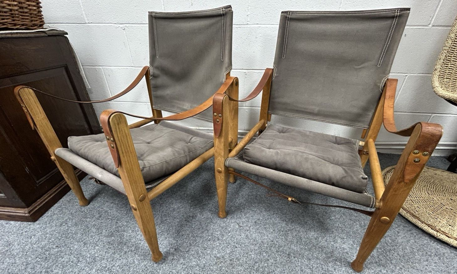 Pair Original Safari Chairs Kaare Klint Grey Canvas Ash Frame Danish Mid Century photo furniture