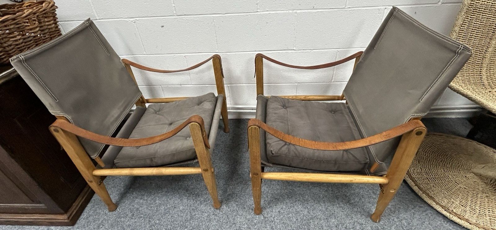 Pair Original Safari Chairs Kaare Klint Grey Canvas Ash Frame Danish Mid Century photo vinterior