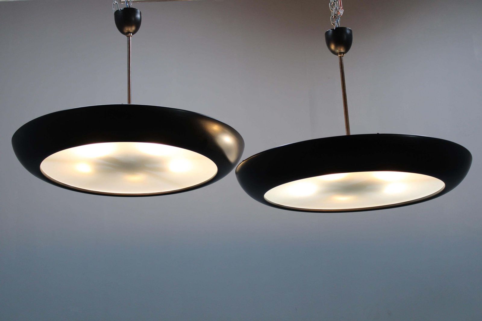Pair Of Large Bauhaus "Ufo" Pendant Lights By Josef Hurka For Napako, 1940s photo vinterior