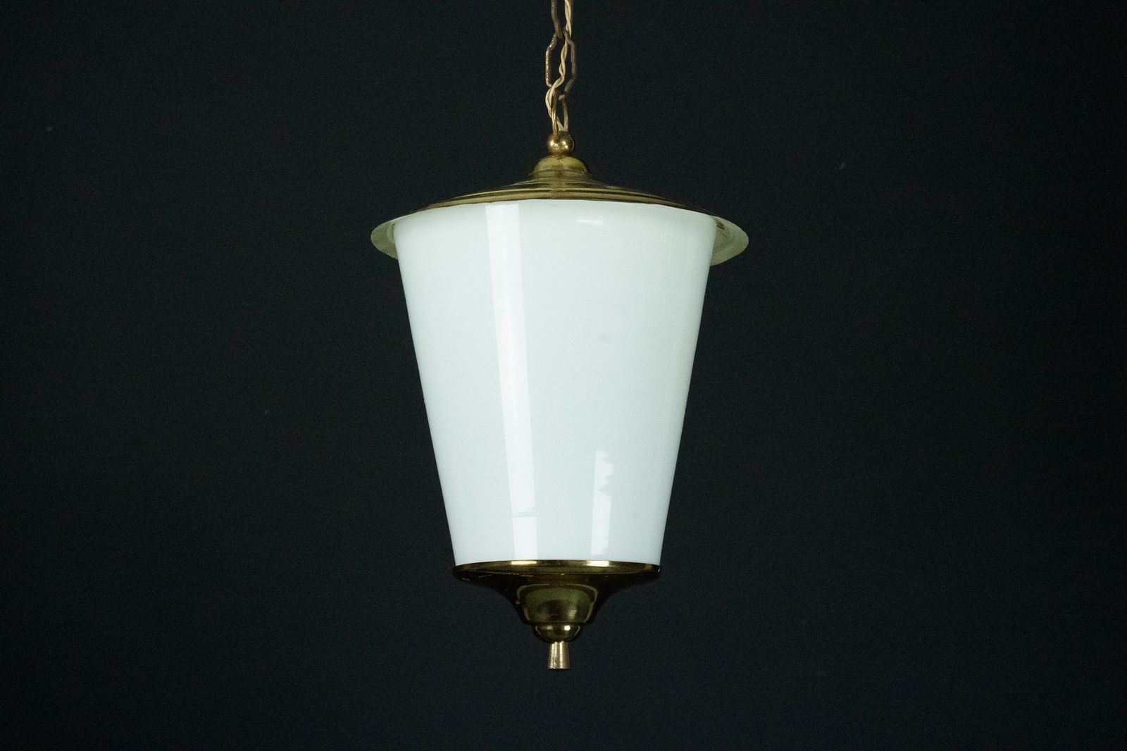 Mid Century Pendant Lantern In Brass And Lattimo Murano Glass, Italy, 1950s.