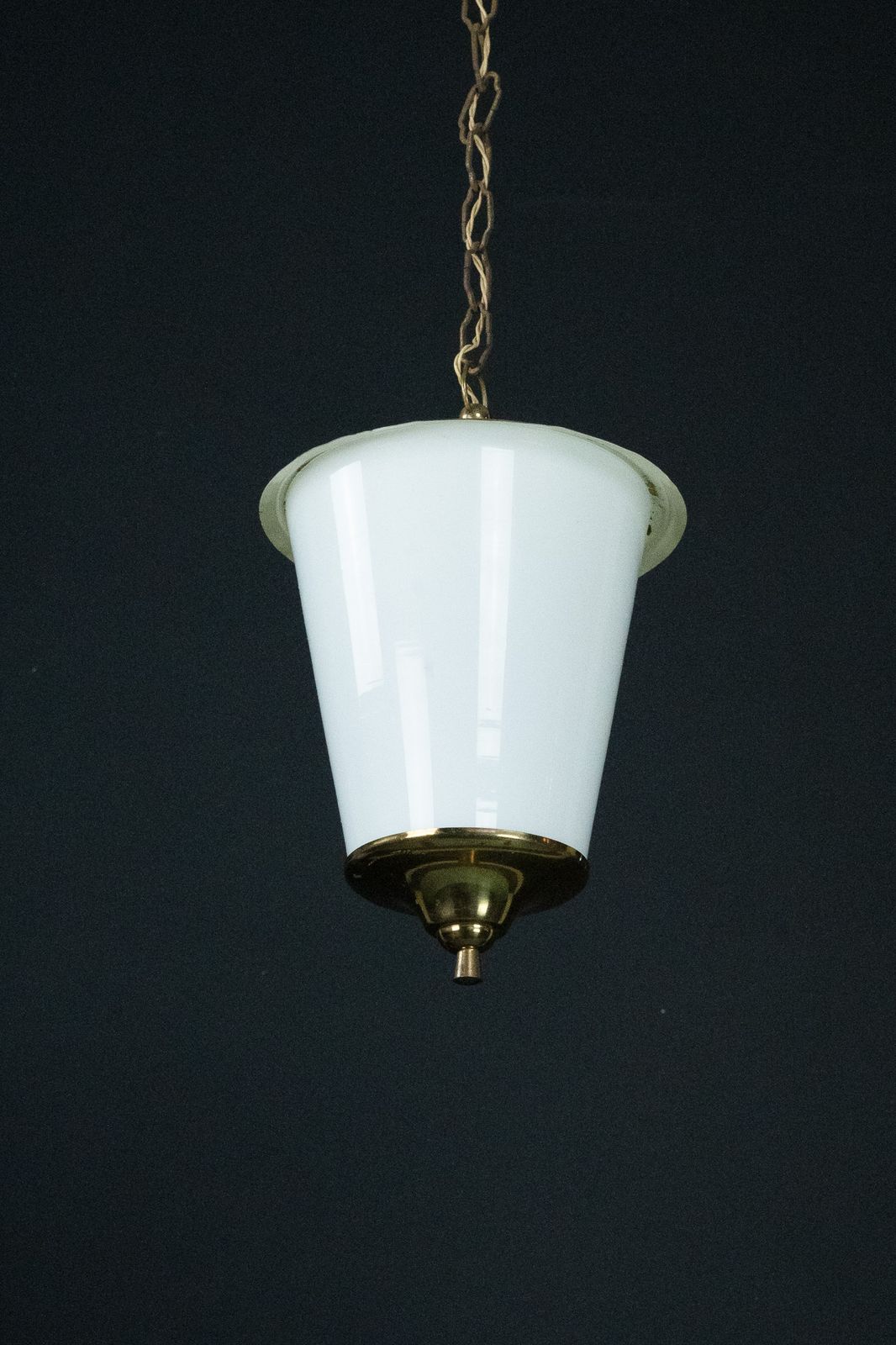 photo for sale Mid Century Pendant Lantern In Brass And Lattimo Murano Glass, Italy, 1950s.